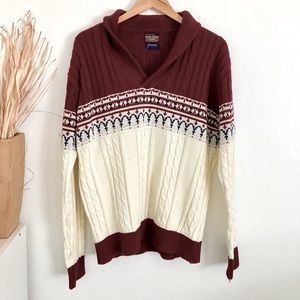 Vintage Burgundy Color V-Neck Shawl Collar Pullover Sweater